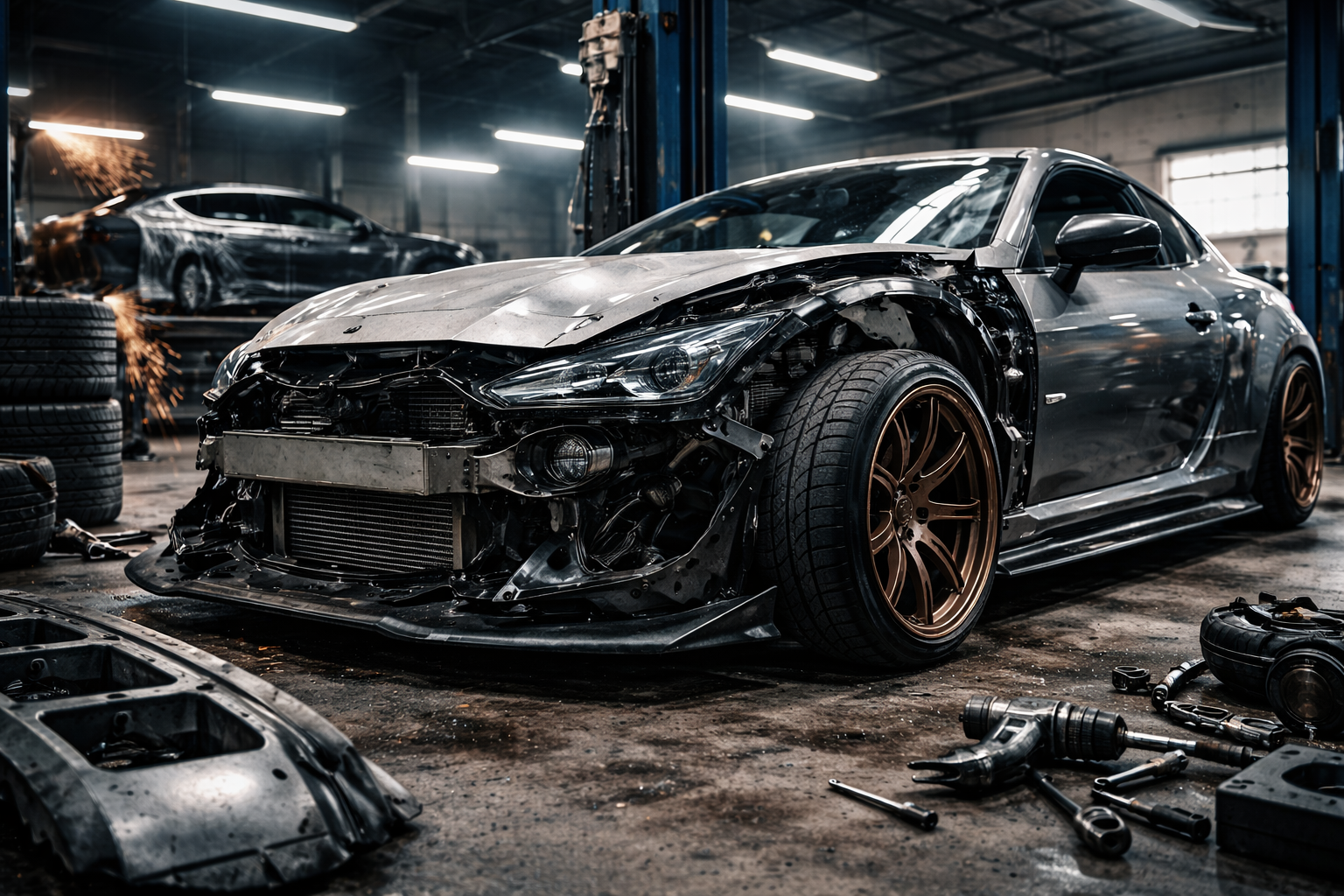 Before collision repair: damaged bumper and fender needing auto body work at 302 Chop Shop